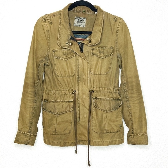 LEVI'S Olive Green Army Utility Jacket Full Zip Button Up Waist Cinch Size Small - Picture 1 of 9